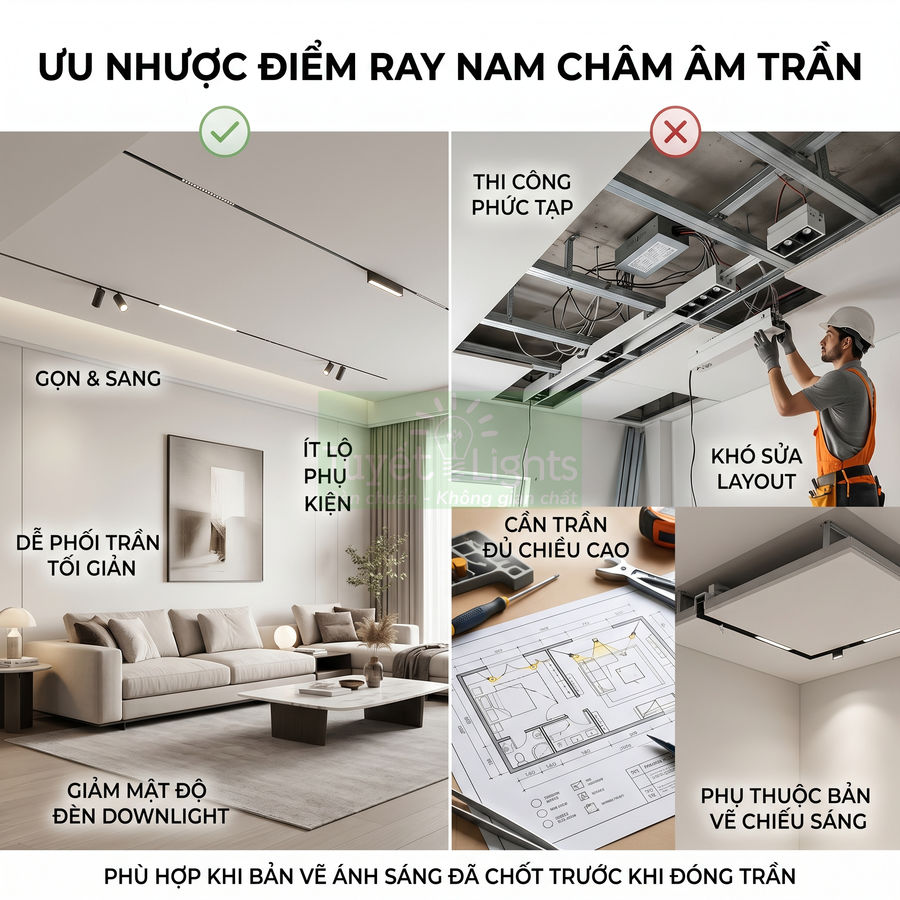 Ưu nhược điểm hệ ray nam châm âm trần trong phòng khách hiện đại và thi công trần thạch cao