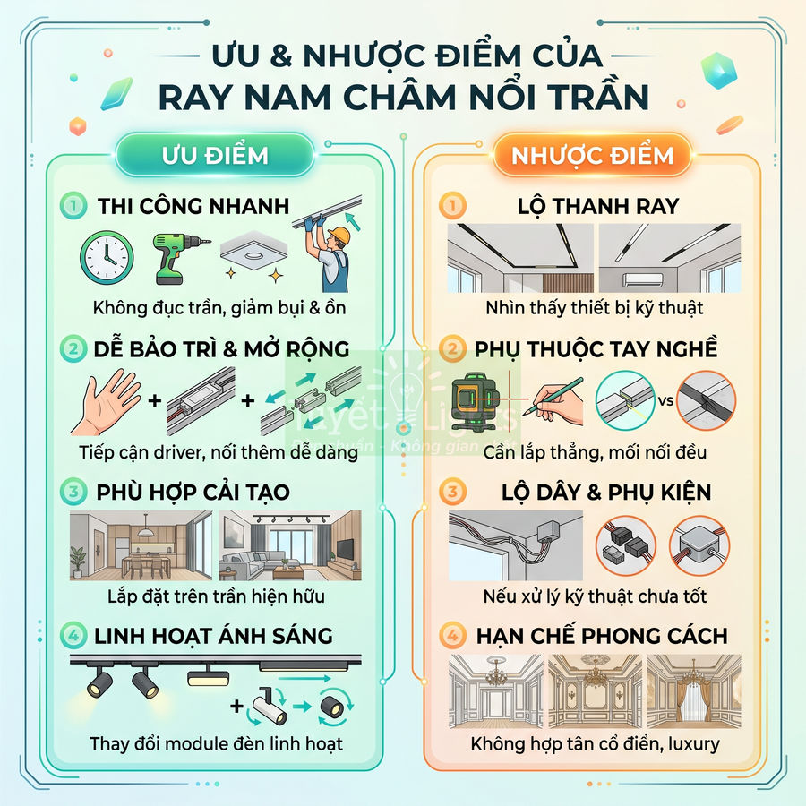 Ưu và nhược điểm của hệ thống ray nam châm nổi trần trong thiết kế chiếu sáng nội thất