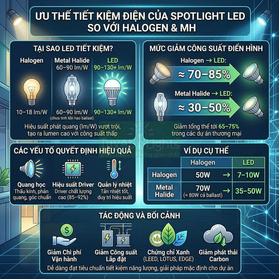Infographic so sánh ưu điểm tiết kiệm điện của đèn spotlight LED với đèn halogen và metal halide