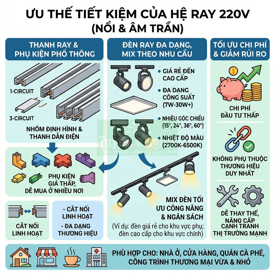 Infographic hệ ray đèn 220V nổi và âm trần, thanh ray nhôm, đèn rọi ray, phụ kiện và ưu điểm tiết kiệm chi phí