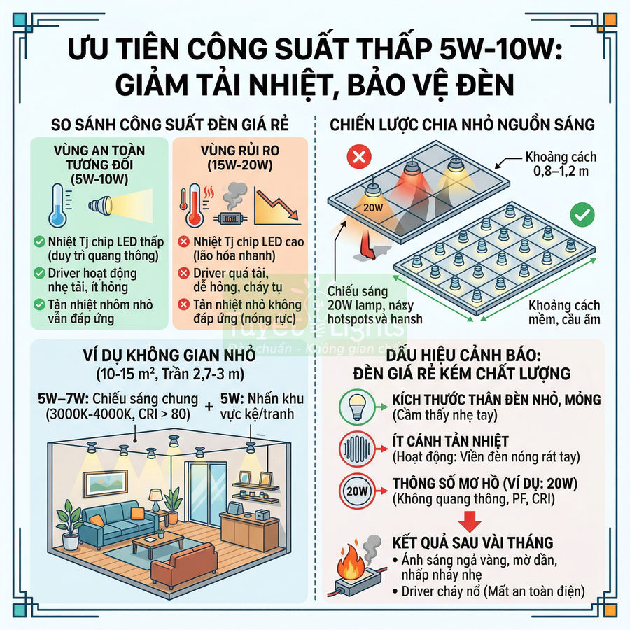 Infographic hướng dẫn chọn đèn LED công suất thấp 5W 10W để giảm tải nhiệt và bảo vệ đèn trong không gian nhỏ