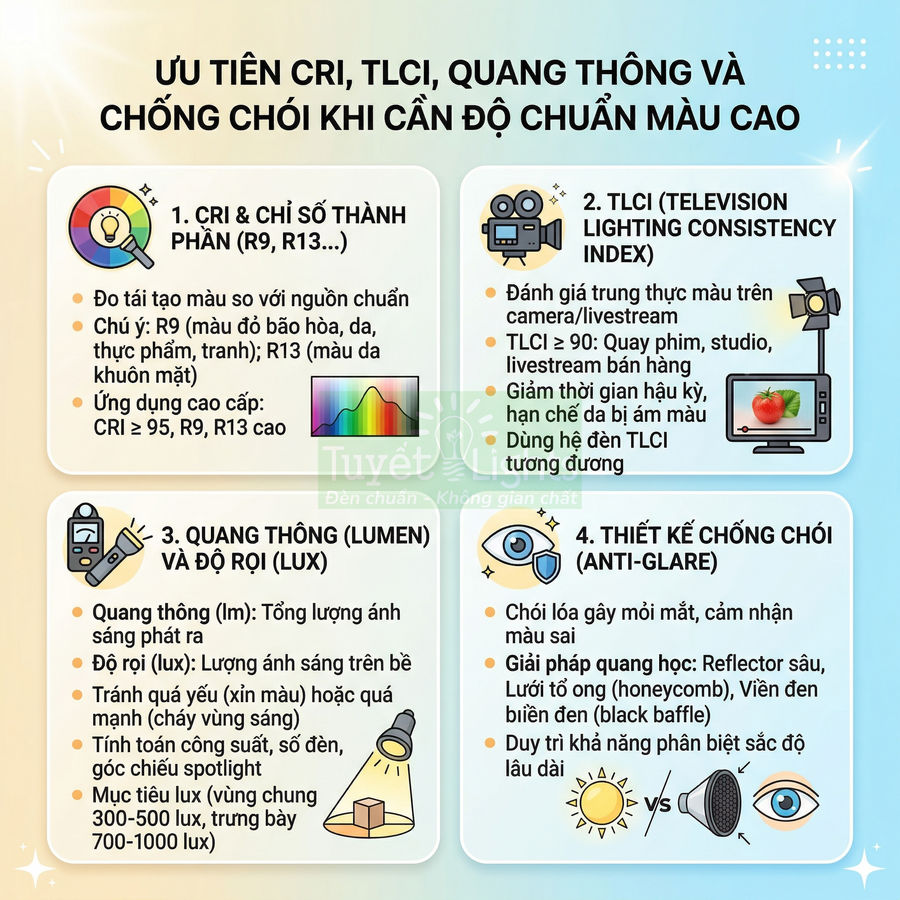 Infographic tiêu chí chọn đèn chiếu sáng CRI cao, TLCI, quang thông lumen lux và thiết kế chống chói anti glare