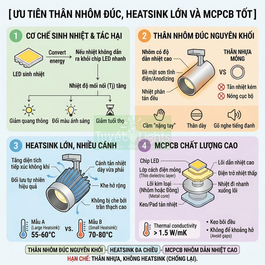 Đèn LED thân nhôm đúc heatsink lớn và MCPCB tản nhiệt tốt, minh họa cấu tạo và ưu điểm tản nhiệt