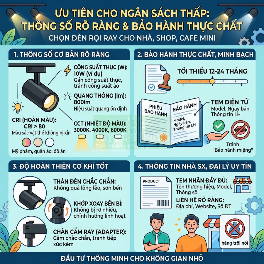 Infographic hướng dẫn chọn đèn rọi ray cho nhà, shop, cafe mini với tiêu chí thông số rõ ràng và bảo hành minh bạch