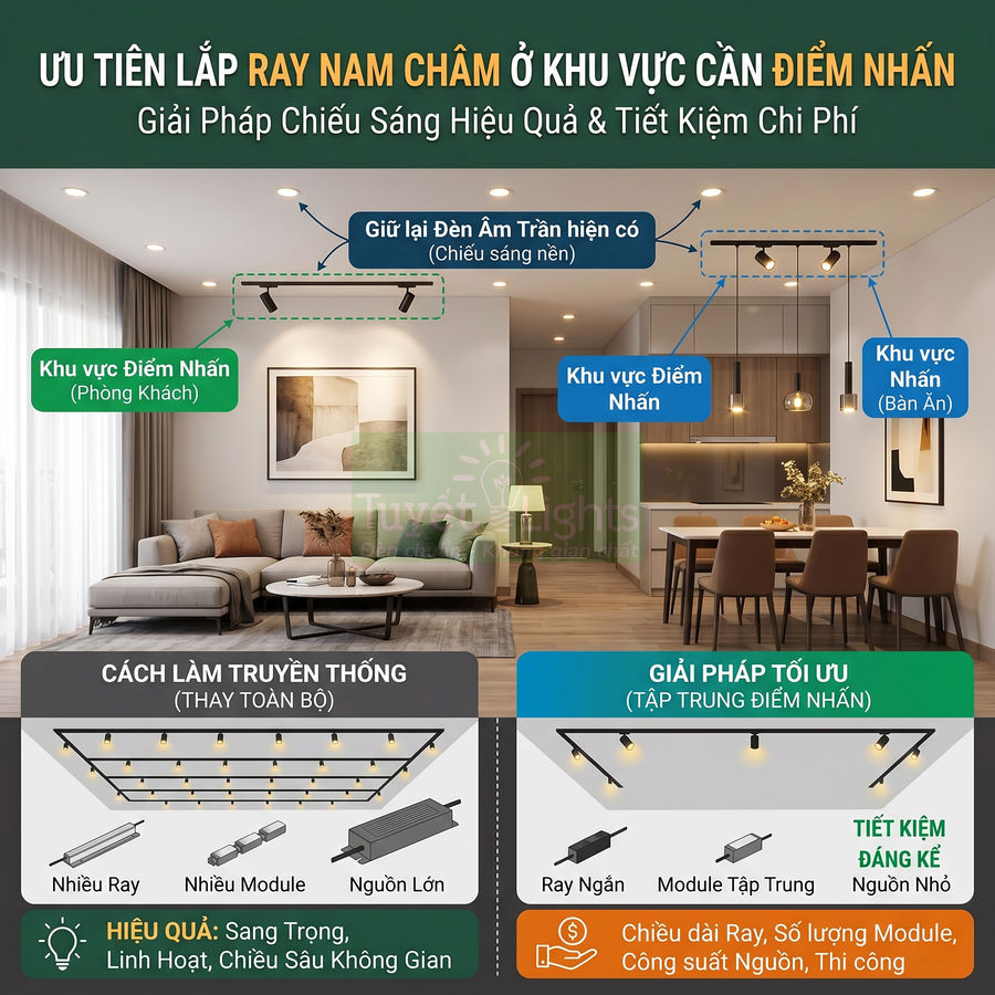 Giải pháp chiếu sáng ray nam châm cho phòng khách và bàn ăn, tối ưu điểm nhấn và tiết kiệm chi phí