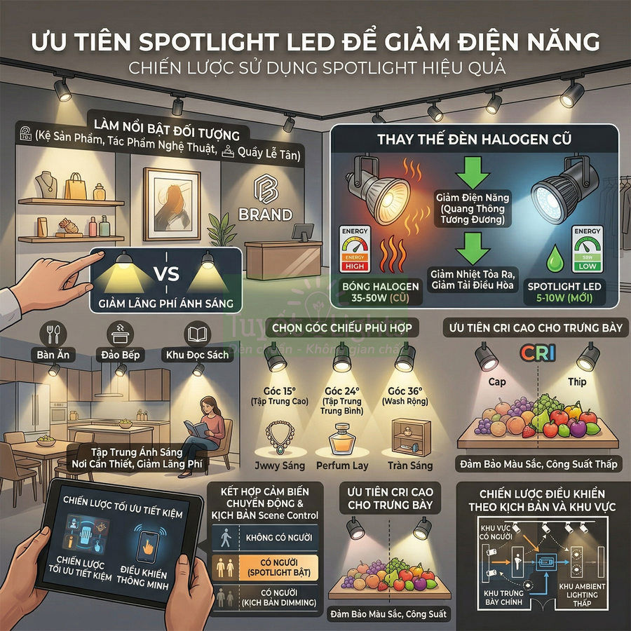 Infographic hướng dẫn sử dụng đèn spotlight LED tiết kiệm điện thay thế bóng halogen cho chiếu sáng trưng bày
