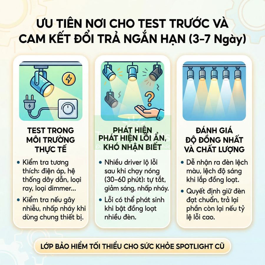 Infographic quy trình test đèn spotlight cũ, phát hiện lỗi ẩn và đánh giá độ đồng nhất chất lượng ánh sáng