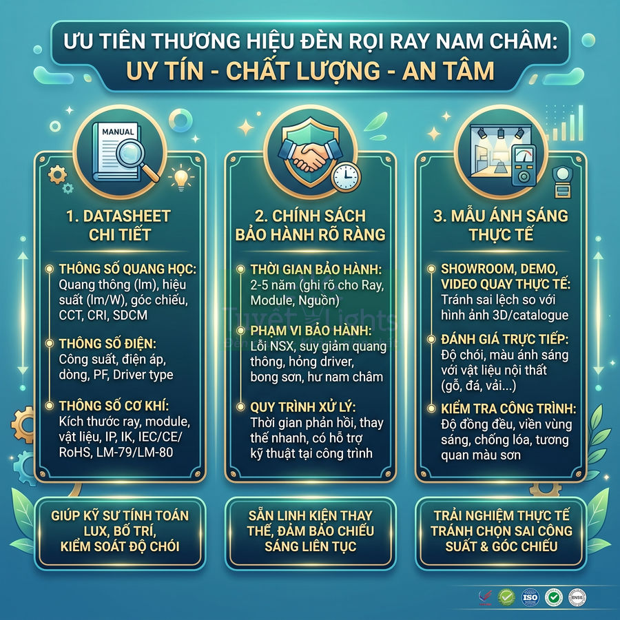 Infographic tiêu chí chọn thương hiệu đèn rọi ray nam châm uy tín chất lượng an tâm bằng tiếng Việt