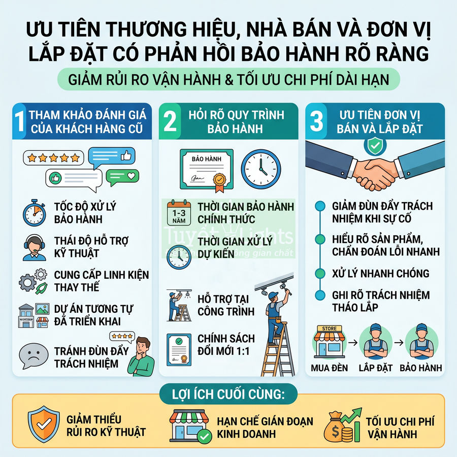 Infographic hướng dẫn chọn thương hiệu và đơn vị lắp đặt có bảo hành rõ ràng để giảm rủi ro vận hành
