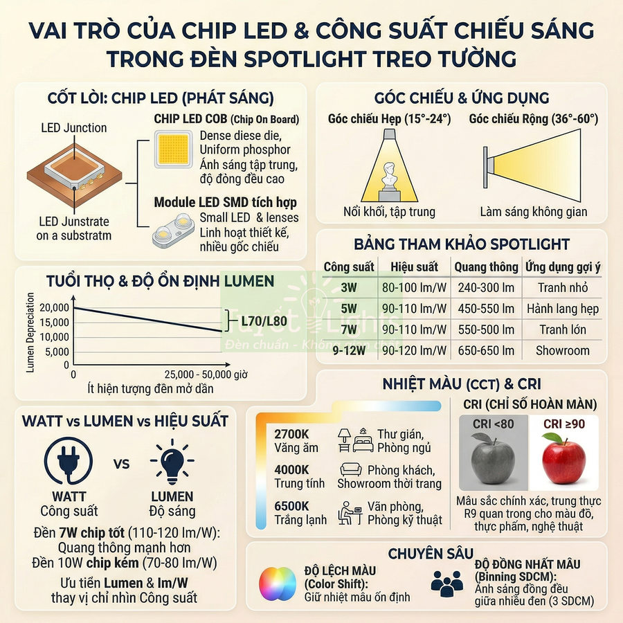 Infographic vai trò chip LED và công suất chiếu sáng trong đèn spotlight treo tường, hướng dẫn chọn công suất và nhiệt màu
