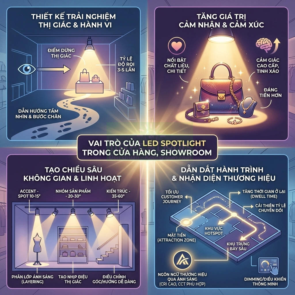 Infographic vai trò đèn LED spotlight trong cửa hàng showroom, chiếu sáng sản phẩm thời trang và tối ưu trải nghiệm mua sắm