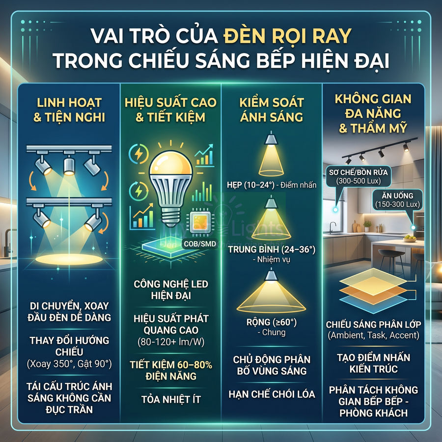Infographic vai trò đèn rọi ray LED trong chiếu sáng bếp hiện đại, nhấn mạnh linh hoạt, tiết kiệm điện và thẩm mỹ