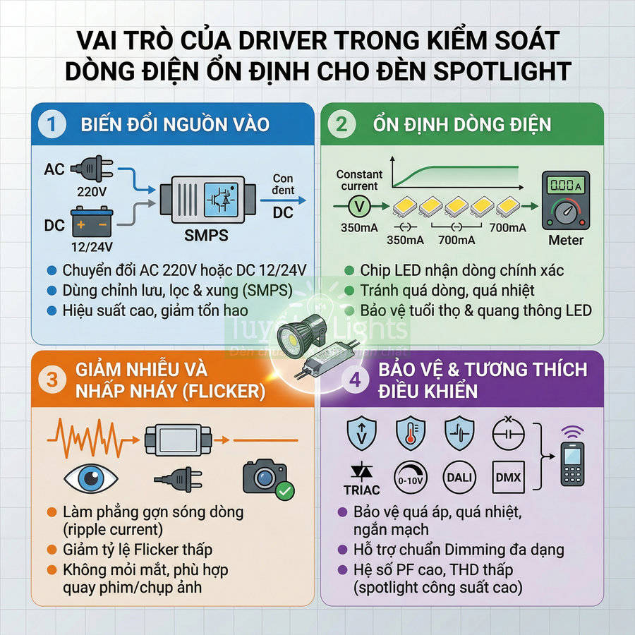 Infographic vai trò driver trong kiểm soát dòng điện ổn định cho đèn LED spotlight, giảm nhấp nháy và bảo vệ đèn