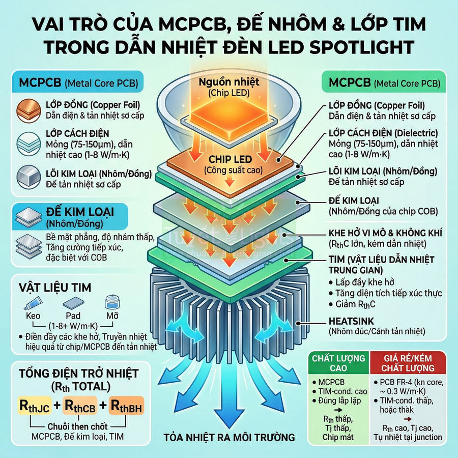 Cấu tạo MCPCB, đế nhôm và lớp tim dẫn nhiệt cho đèn LED spotlight với chip LED và heatsink tản nhiệt