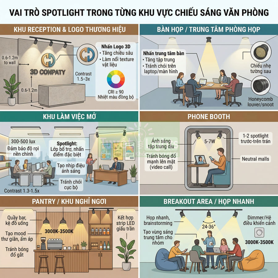 Infographic vai trò đèn spotlight trong từng khu vực chiếu sáng văn phòng hiện đại