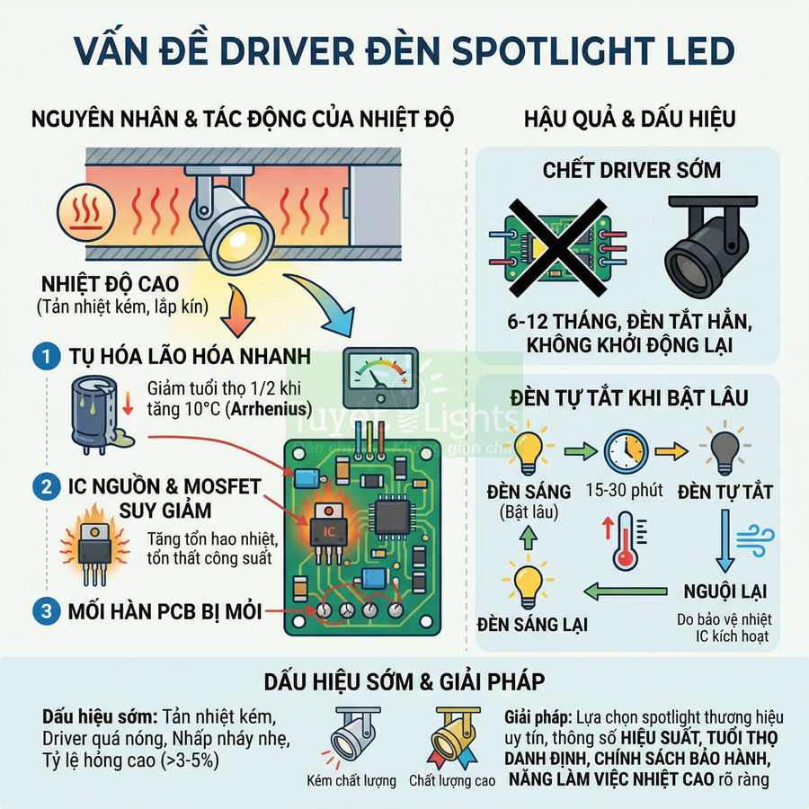 Infographic về các vấn đề driver đèn spotlight LED do nhiệt độ cao, dấu hiệu hỏng và giải pháp lựa chọn sản phẩm chất lượng