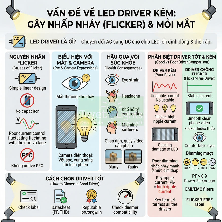 Infographic về vấn đề led driver kém gây nhấp nháy, mỏi mắt và cách chọn driver LED tốt