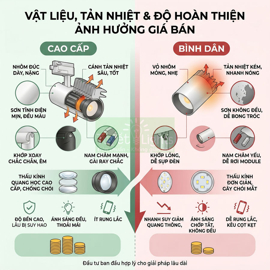 So sánh cấu tạo đèn LED cao cấp và đèn LED bình dân về vật liệu, tản nhiệt và độ bền