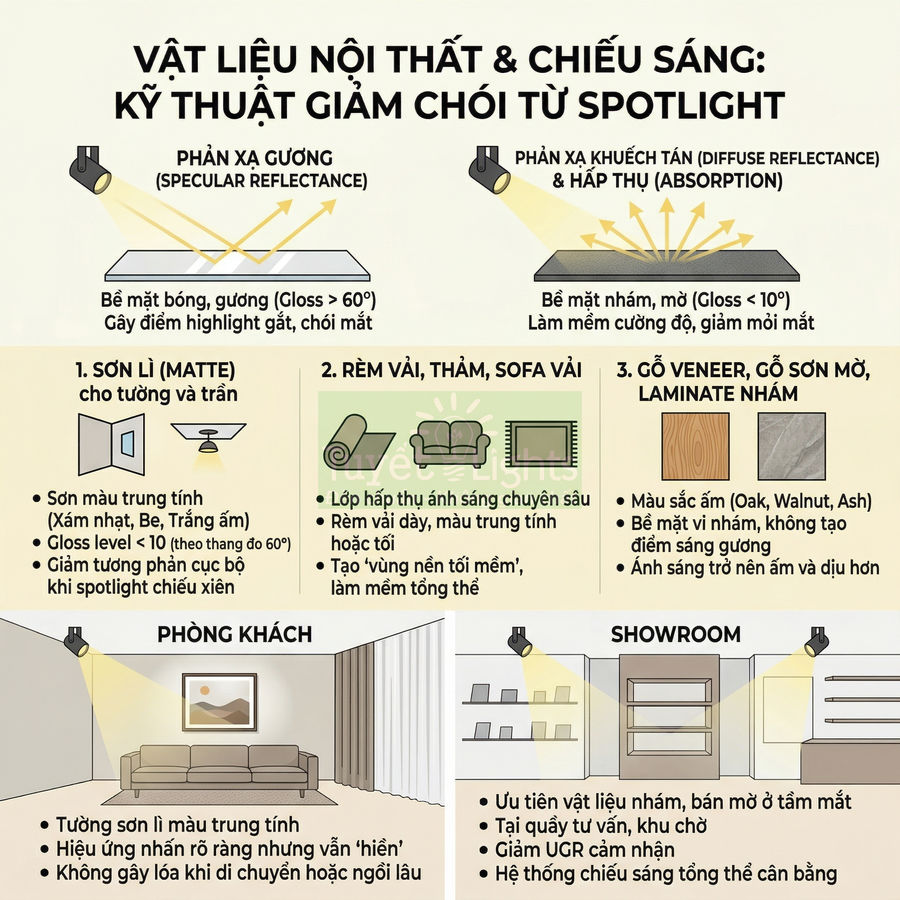 Infographic vật liệu nội thất và chiếu sáng hướng dẫn chọn sơn lì, rèm vải, gỗ nhám để giảm chói từ đèn spotlight