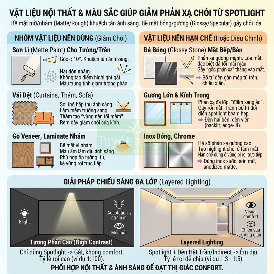 Infographic vật liệu nội thất và giải pháp chiếu sáng giúp giảm chói lóa từ đèn spotlight trong không gian nhà ở