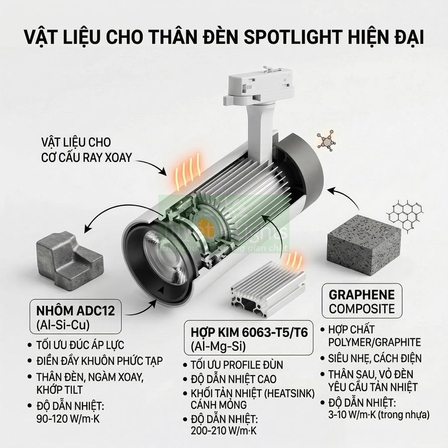 Cấu tạo thân đèn spotlight hiện đại với các vật liệu nhôm ADC12, hợp kim 6063 và graphene composite