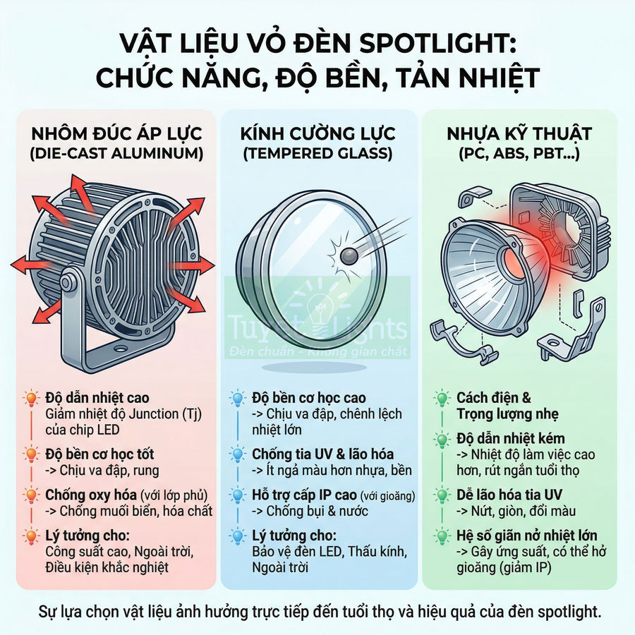So sánh vật liệu vỏ đèn spotlight: nhôm đúc áp lực, kính cường lực và nhựa kỹ thuật cùng ưu nhược điểm