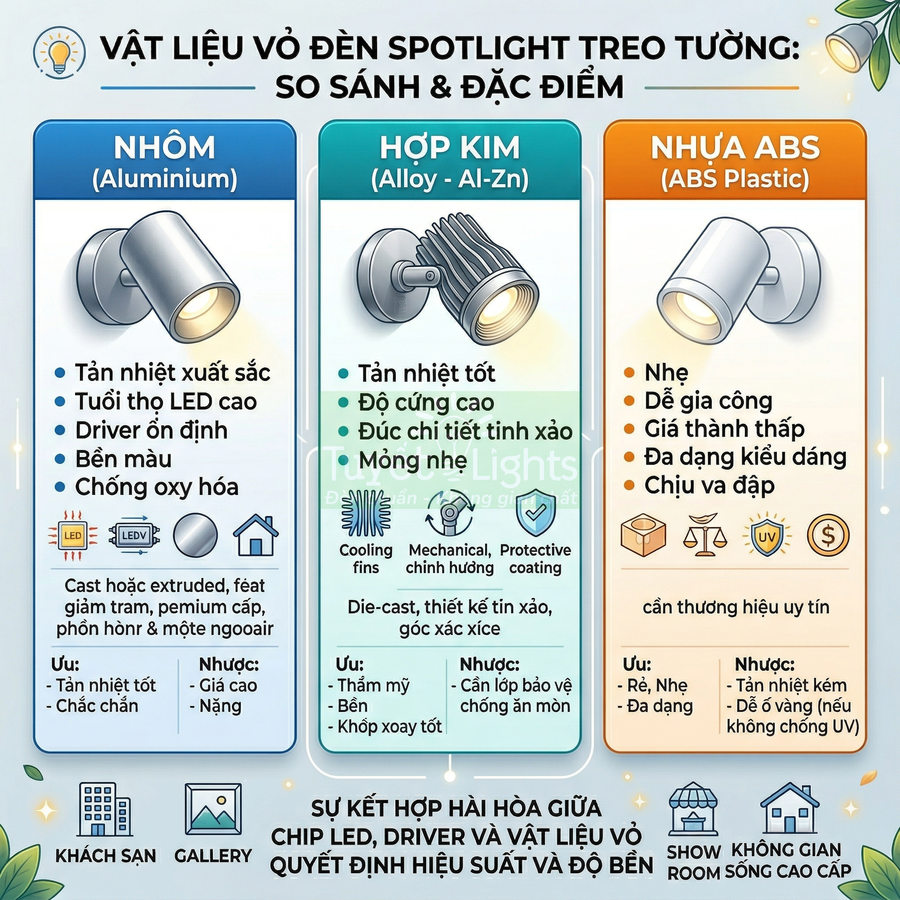 So sánh vật liệu vỏ đèn spotlight treo tường bằng nhôm, hợp kim và nhựa ABS cùng ưu nhược điểm