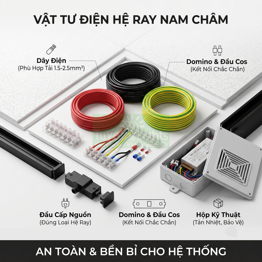 Bộ vật tư điện hệ ray nam châm gồm dây điện, domino, đầu cos, đầu cấp nguồn và hộp kỹ thuật