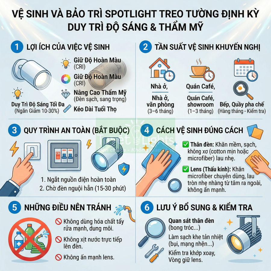 Hướng dẫn vệ sinh và bảo trì đèn spotlight treo tường định kỳ để duy trì độ sáng và thẩm mỹ