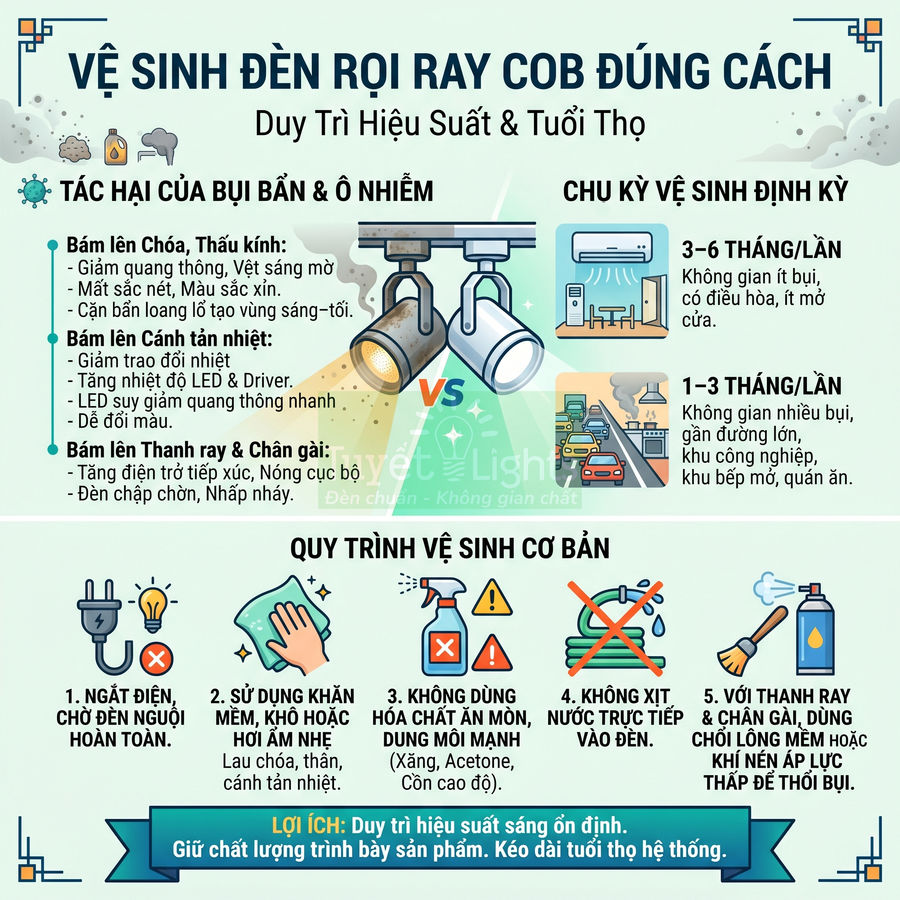 Hướng dẫn vệ sinh đèn rọi ray COB đúng cách, quy trình lau chùi và chu kỳ vệ sinh định kỳ để tăng hiệu suất và tuổi thọ