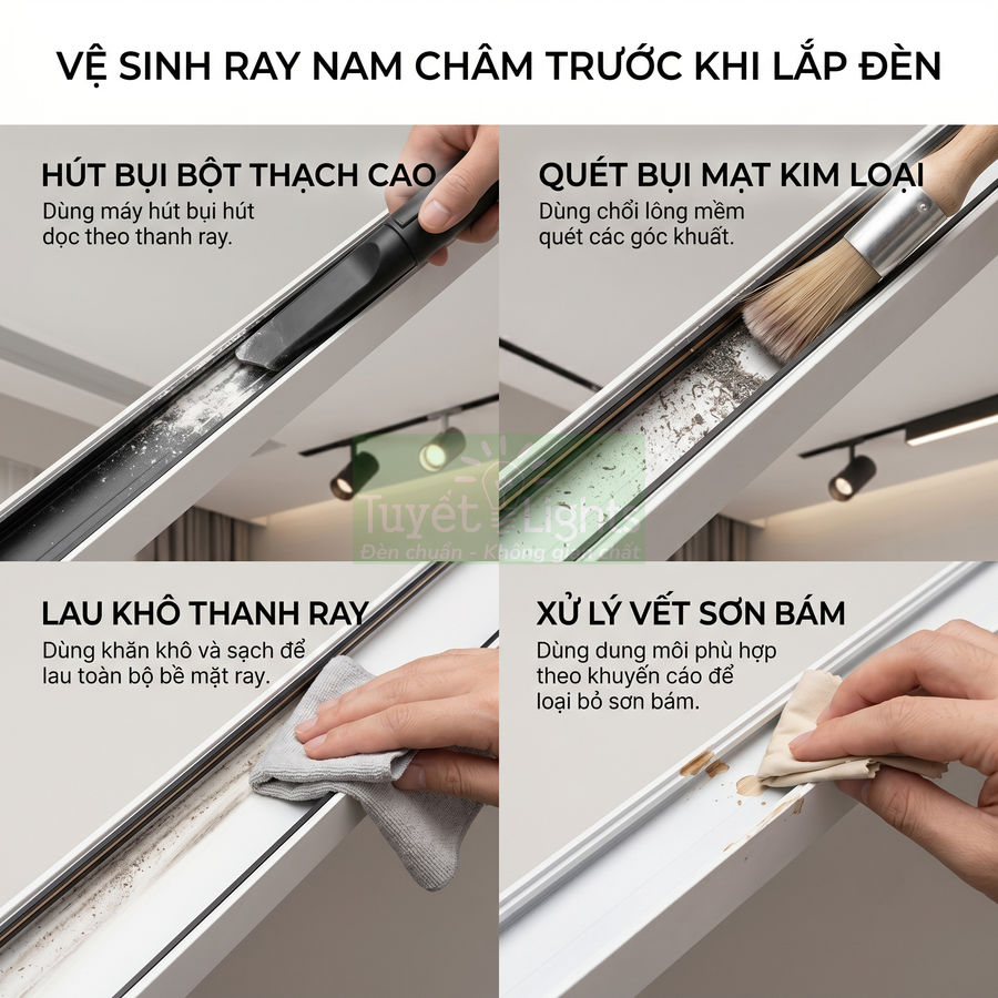 Hướng dẫn vệ sinh ray nam châm đèn trần bằng máy hút bụi, chổi lông, khăn lau và dung môi tẩy vết sơn