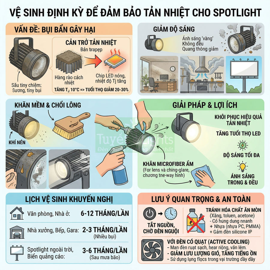 Hướng dẫn vệ sinh định kỳ đèn spotlight LED để tăng hiệu quả tản nhiệt và độ sáng an toàn