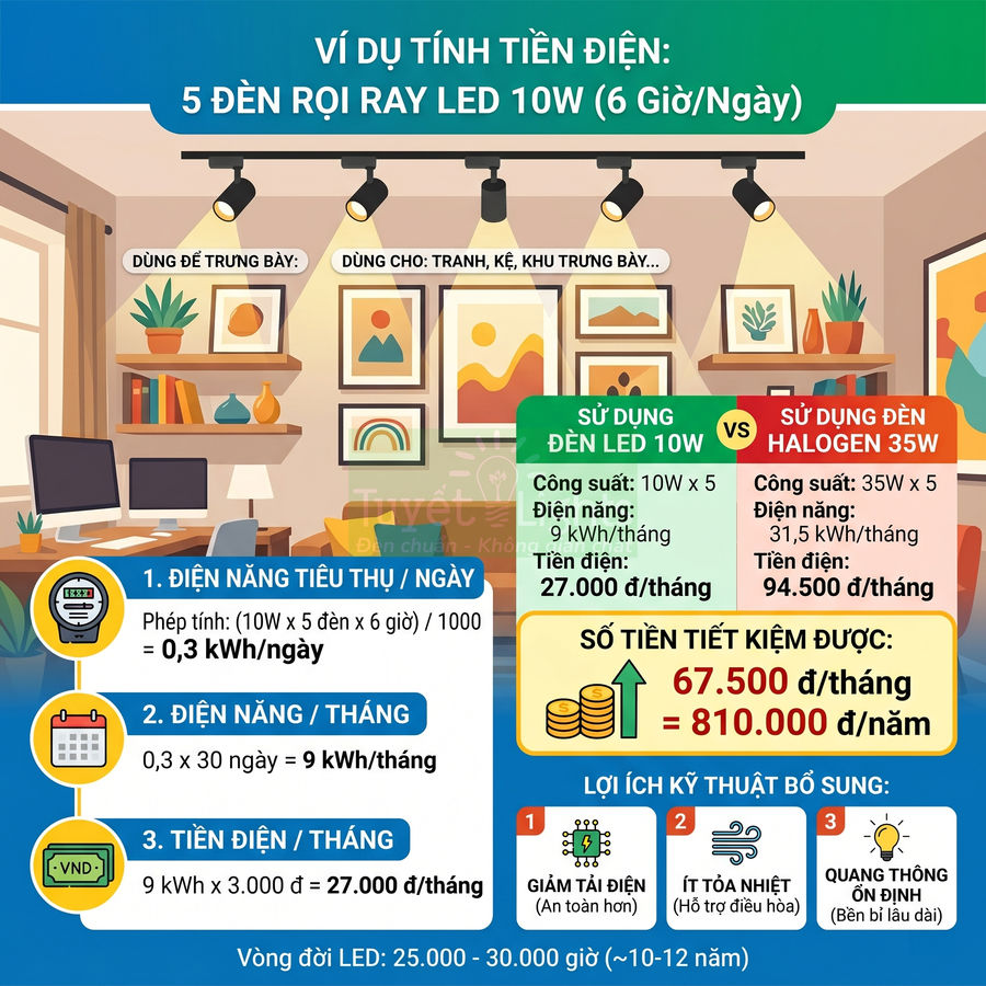 Infographic so sánh chi phí điện 5 đèn rọi ray LED 10W và đèn halogen 35W trong phòng khách