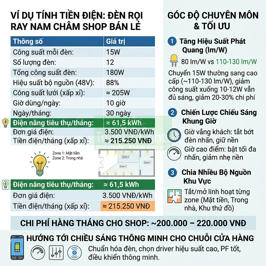 Bảng tính tiền điện và giải pháp tối ưu chiếu sáng cho đèn rọi ray nam châm shop bán lẻ