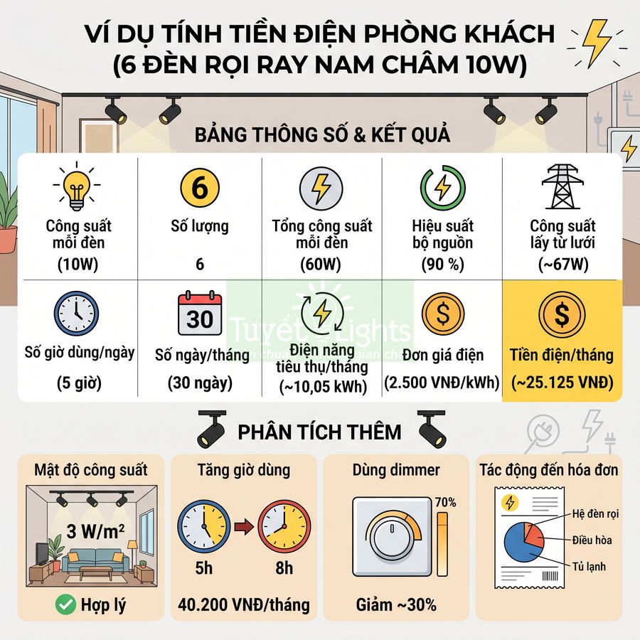 Infographic tính tiền điện phòng khách dùng 6 đèn rọi ray nam châm 10W và phân tích chi phí hàng tháng