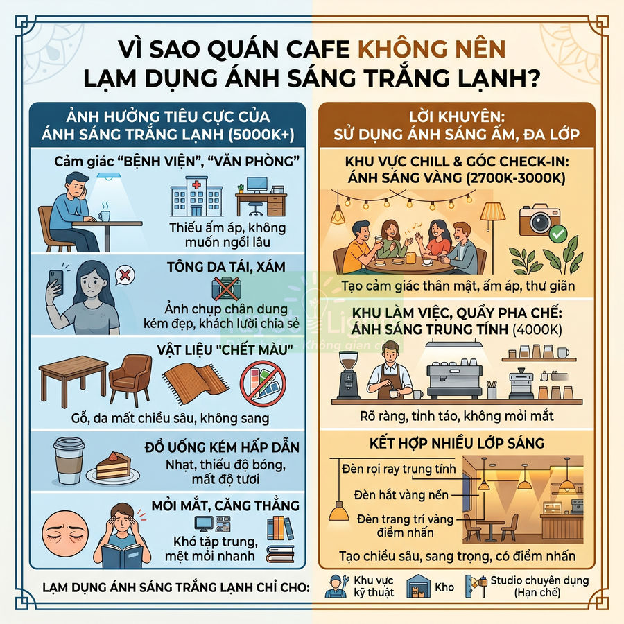 Infographic hướng dẫn quán cafe chọn ánh sáng vàng ấm nhiều lớp thay cho ánh sáng trắng lạnh