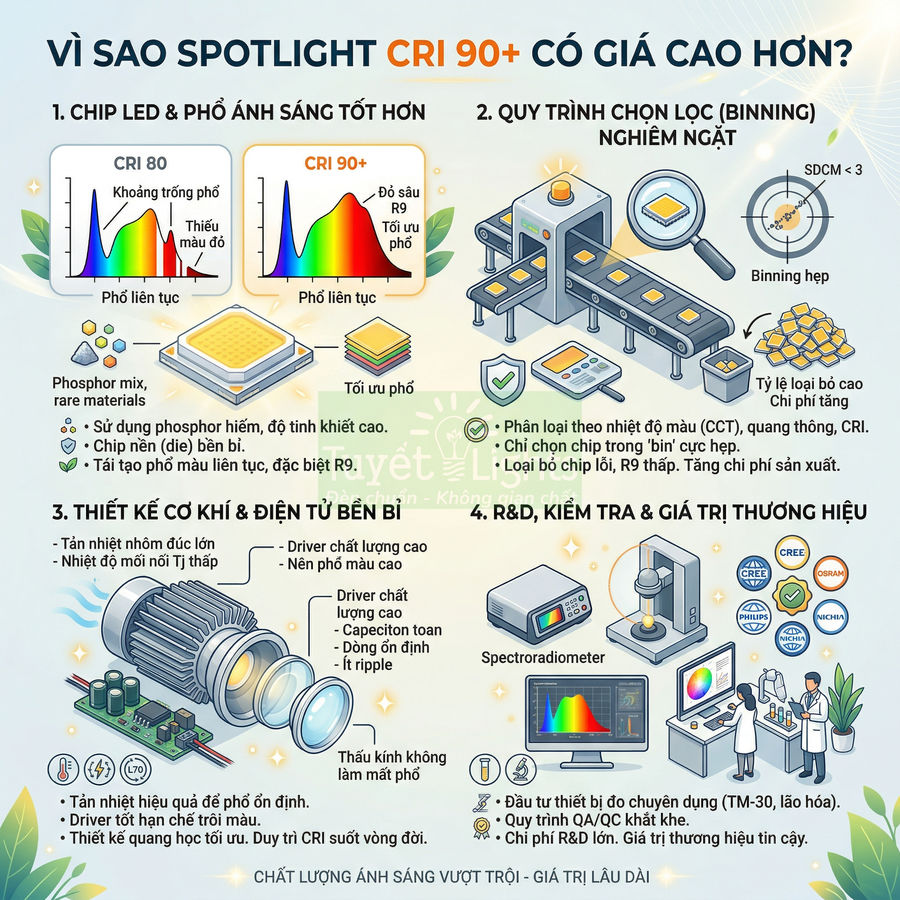 Infographic giải thích lý do đèn spotlight CRI 90+ giá cao với chip LED, quy trình binning, thiết kế tản nhiệt và kiểm định chất lượng