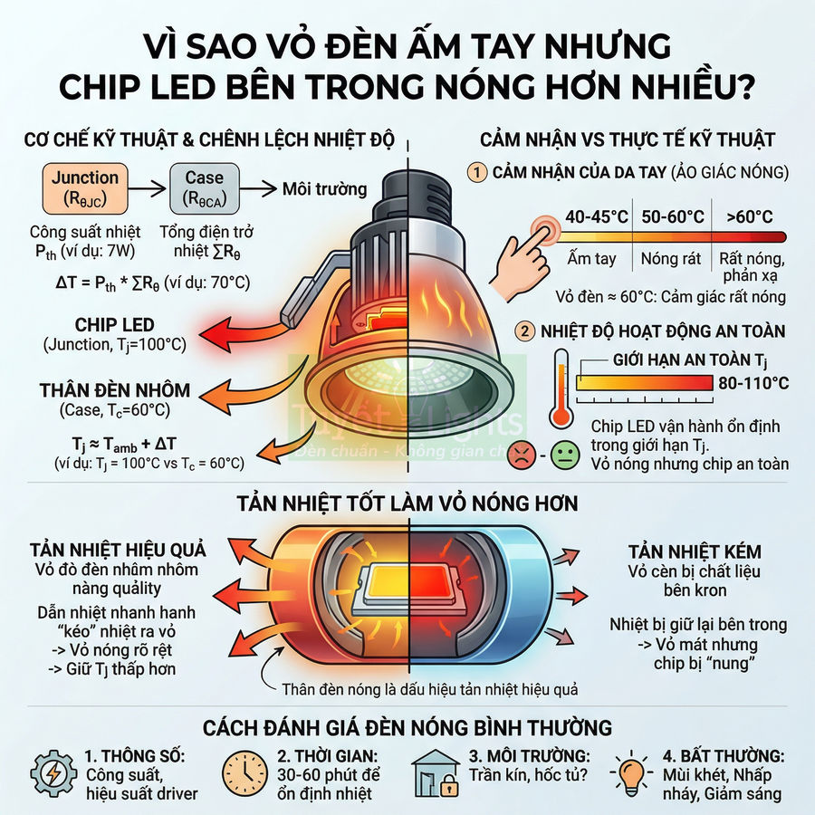 Minh họa cấu tạo và tản nhiệt của đèn LED, giải thích vì sao vỏ đèn ấm tay nhưng chip LED bên trong nóng hơn