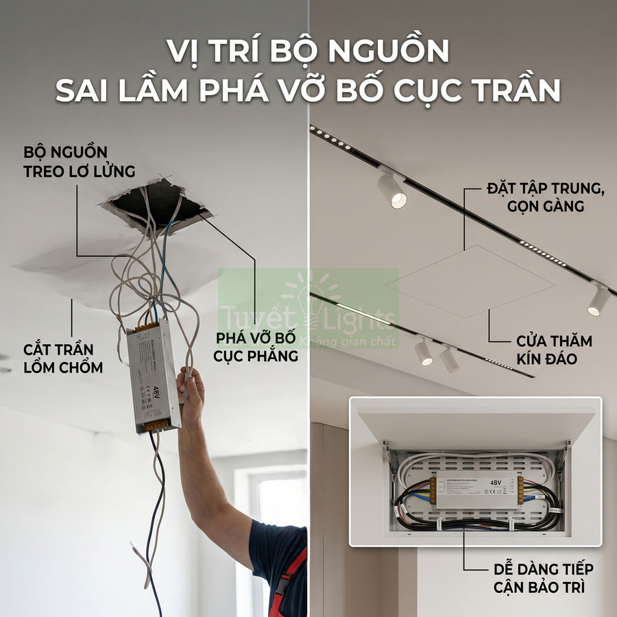 So sánh lắp đặt bộ nguồn đèn trần sai và đúng, nhấn mạnh cách bố trí gọn gàng, kín đáo trên trần nhà