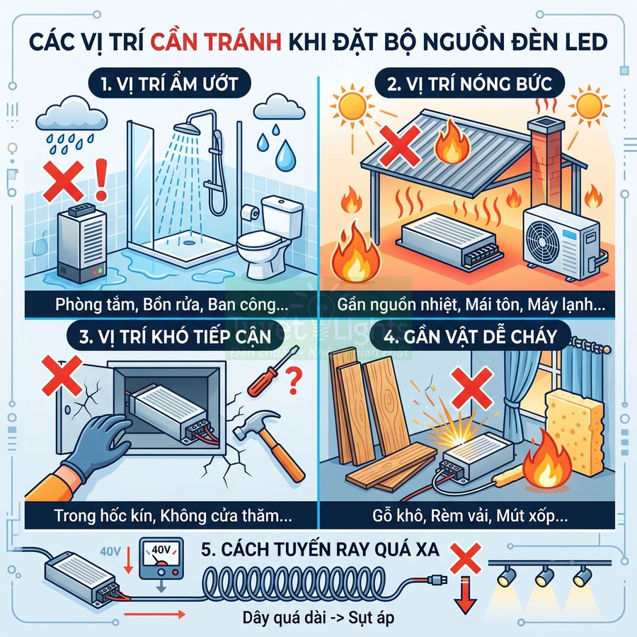 Hướng dẫn vị trí cần tránh khi lắp đặt bộ nguồn đèn LED để an toàn và tránh cháy nổ