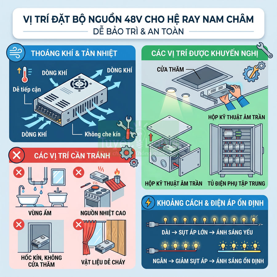 Hướng dẫn vị trí lắp đặt bộ nguồn 48V cho hệ ray nam châm, các vị trí nên đặt và cần tránh để tản nhiệt an toàn