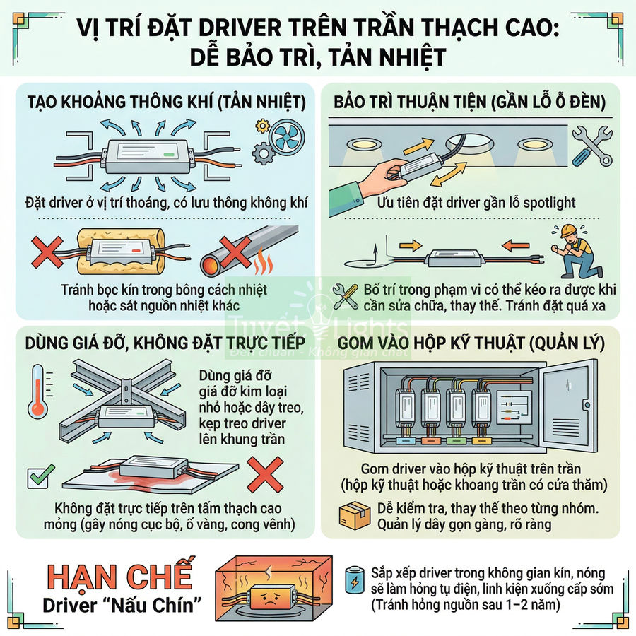 Hướng dẫn vị trí lắp đặt driver đèn LED trên trần thạch cao để tản nhiệt và bảo trì an toàn