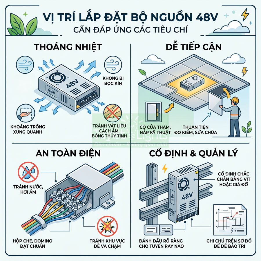 Hướng dẫn vị trí lắp đặt bộ nguồn 48V với tiêu chí thoáng nhiệt, an toàn điện, dễ tiếp cận và cố định quản lý