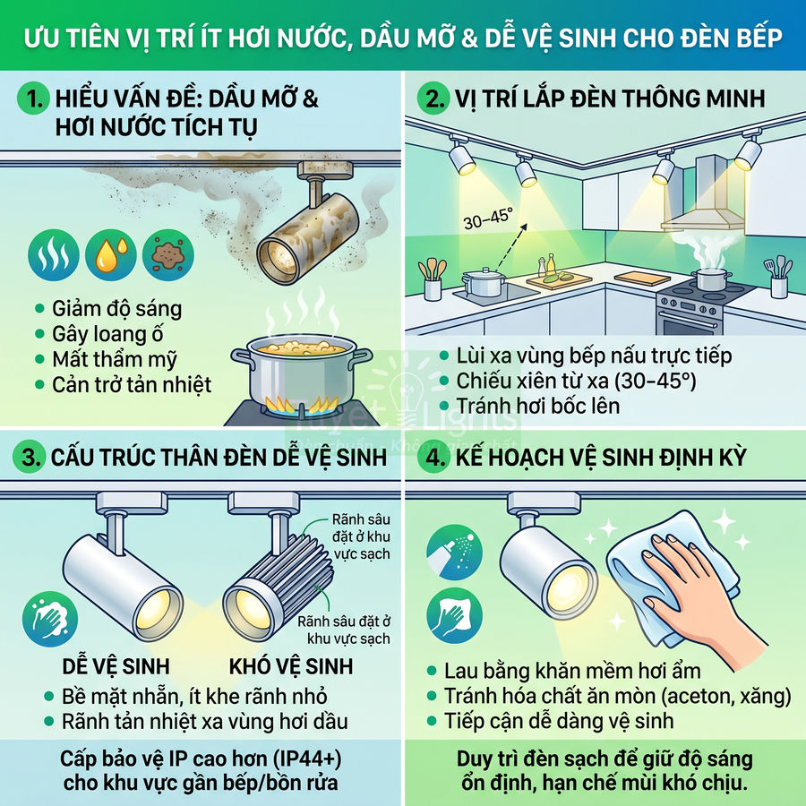 Hướng dẫn chọn vị trí lắp và vệ sinh đèn bếp chống bám dầu mỡ hơi nước trong không gian nhà bếp