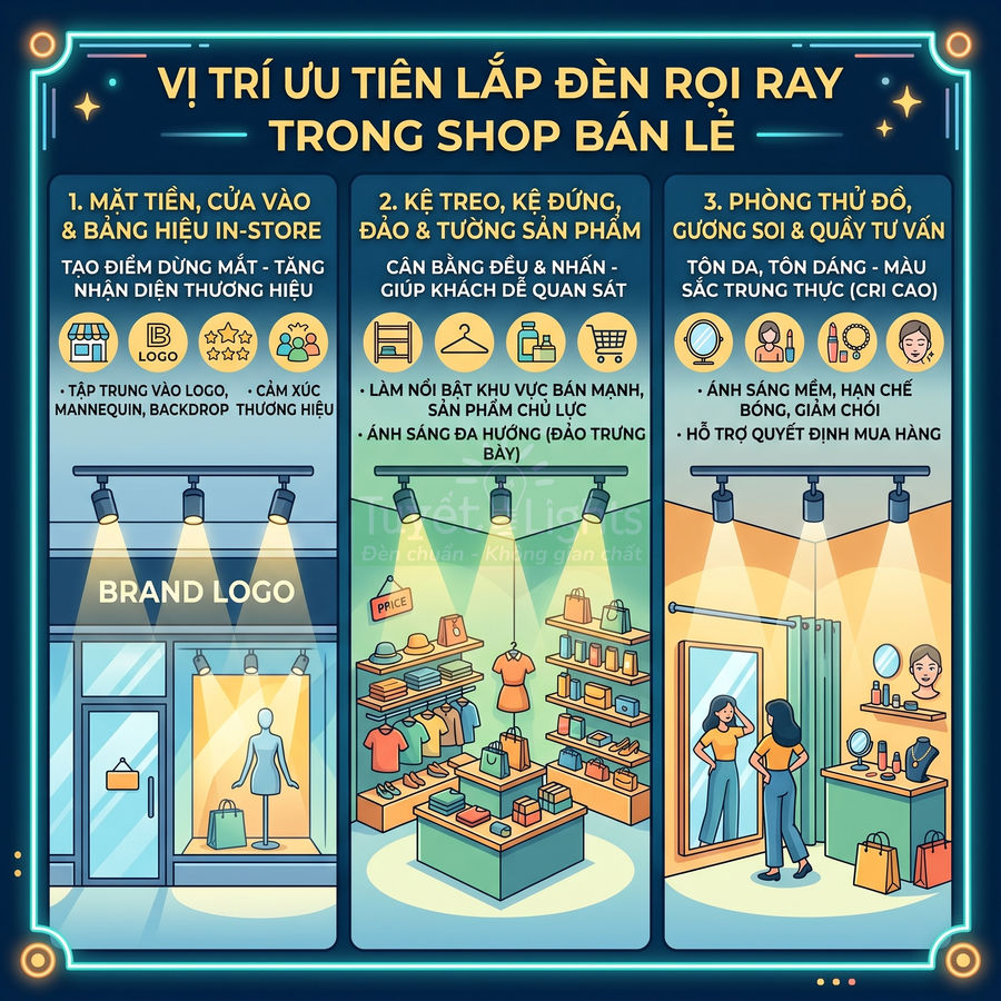 Minh họa vị trí lắp đèn rọi ray trong shop bán lẻ, chiếu sáng logo, kệ trưng bày và phòng thử đồ
