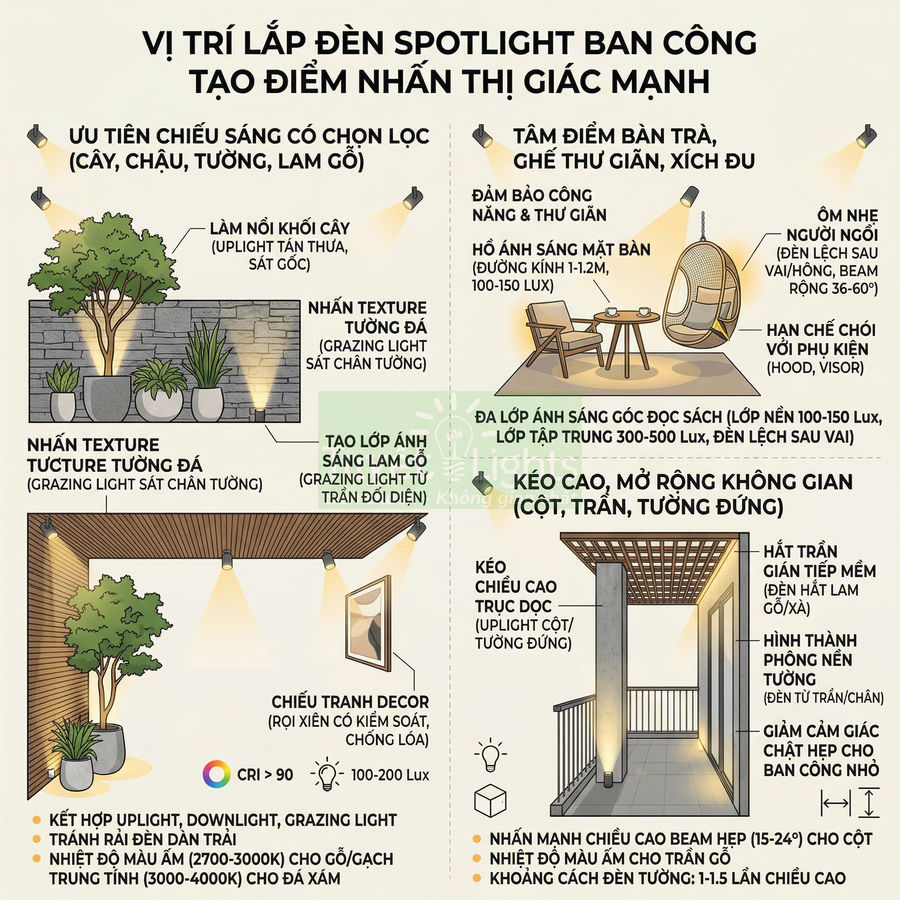Infographic hướng dẫn vị trí lắp đèn spotlight ban công tạo điểm nhấn chiếu sáng cây, tường, bàn ghế thư giãn