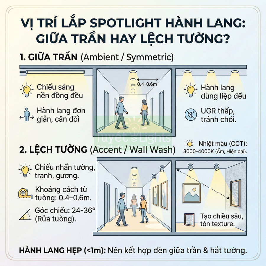 Hướng dẫn lắp đặt đèn spotlight hành lang giữa trần và lệch tường, minh họa chiếu sáng đều và nhấn tường
