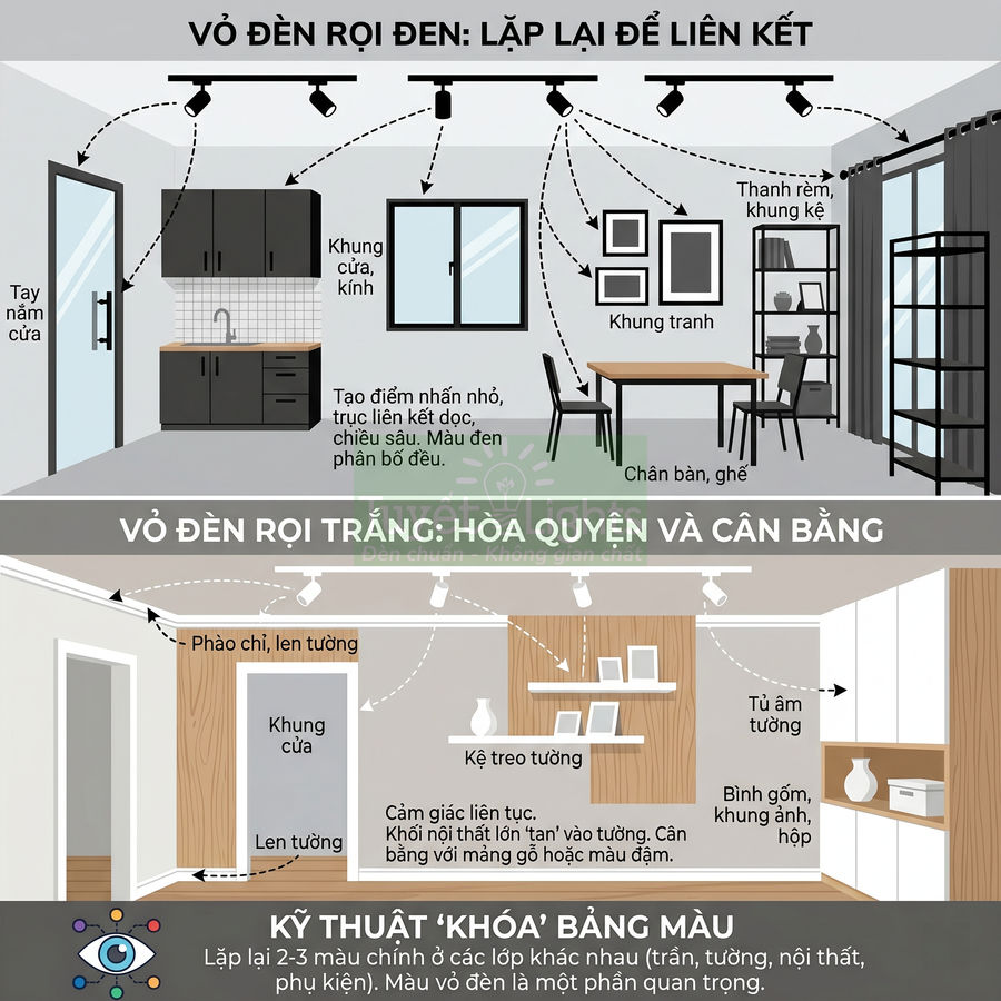 Minh họa bố trí đèn rọi đen và trắng trong phòng khách hiện đại với nội thất gỗ và kệ trang trí