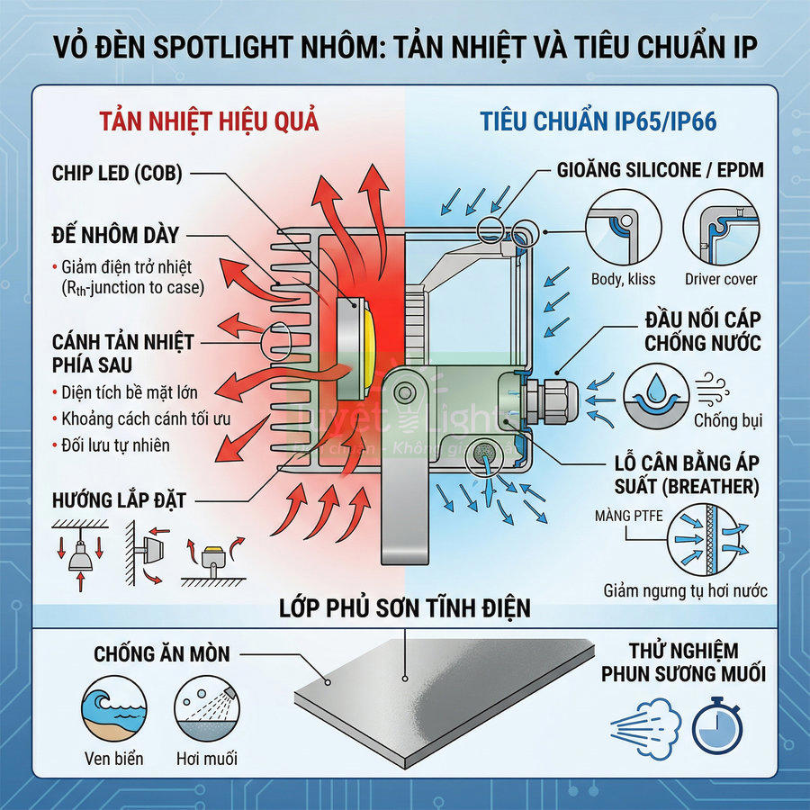 Cấu tạo đèn LED spotlight nhôm tản nhiệt tốt, chống nước IP65 IP66, chống ăn mòn cho lắp đặt ngoài trời