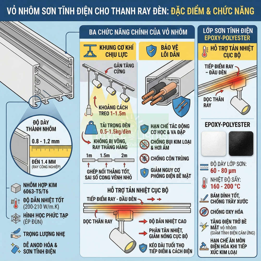 Vỏ nhôm sơn tĩnh điện cho thanh ray đèn, cấu tạo và chức năng bảo vệ lõi dẫn, tản nhiệt và treo đèn ray